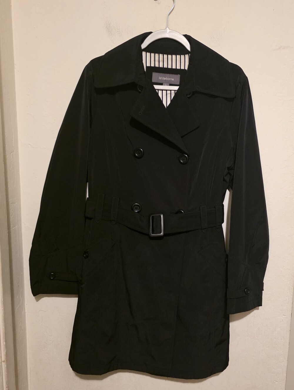 Liz Claiborne Black Double-Breasted Trench Coat  With Side Pockets Size Large